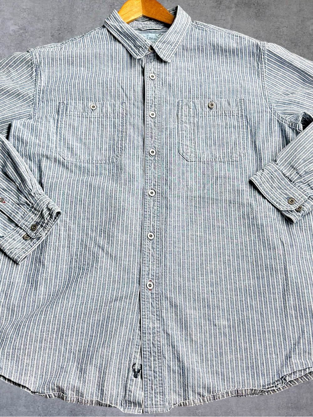 L.L.Bean Striped Work Shirt Mens XL Regular Cotton Double Pocket Blue Workwear